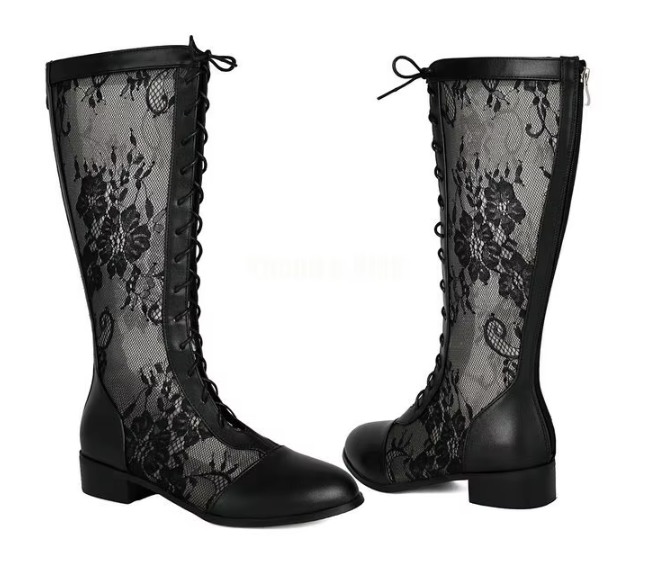 Lace-up, round-toe, high-top boots, front-laced and knee-high boots, women's summer boots with leather and mesh details.
