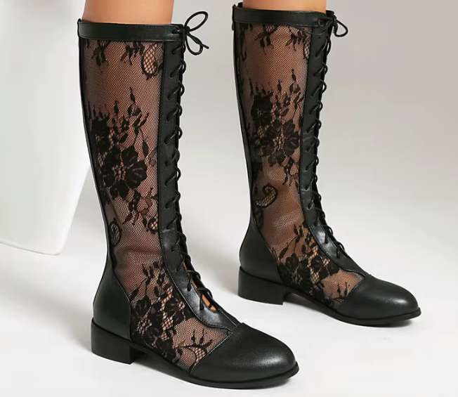 Lace-up, round-toe, high-top boots, front-laced and knee-high boots, women's summer boots with leather and mesh details.