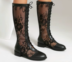 Lace-up, round-toe, high-top boots, front-laced and knee-high boots, women's summer boots with leather and mesh details.