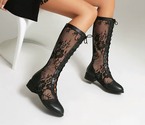 Lace-up, round-toe, high-top boots, front-laced and knee-high boots, women's summer boots with leather and mesh details.