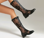 Lace-up, round-toe, high-top boots, front-laced and knee-high boots, women's summer boots with leather and mesh details.