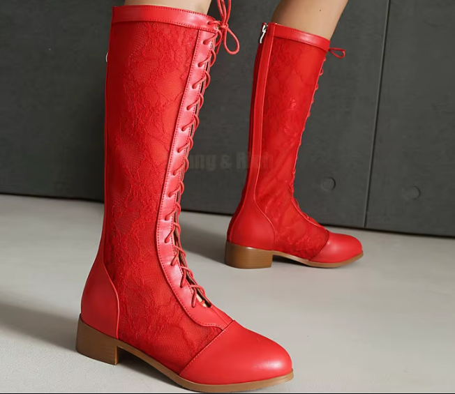 Lace-up, round-toe, high-top boots, front-laced and knee-high boots, women's summer boots with leather and mesh details.