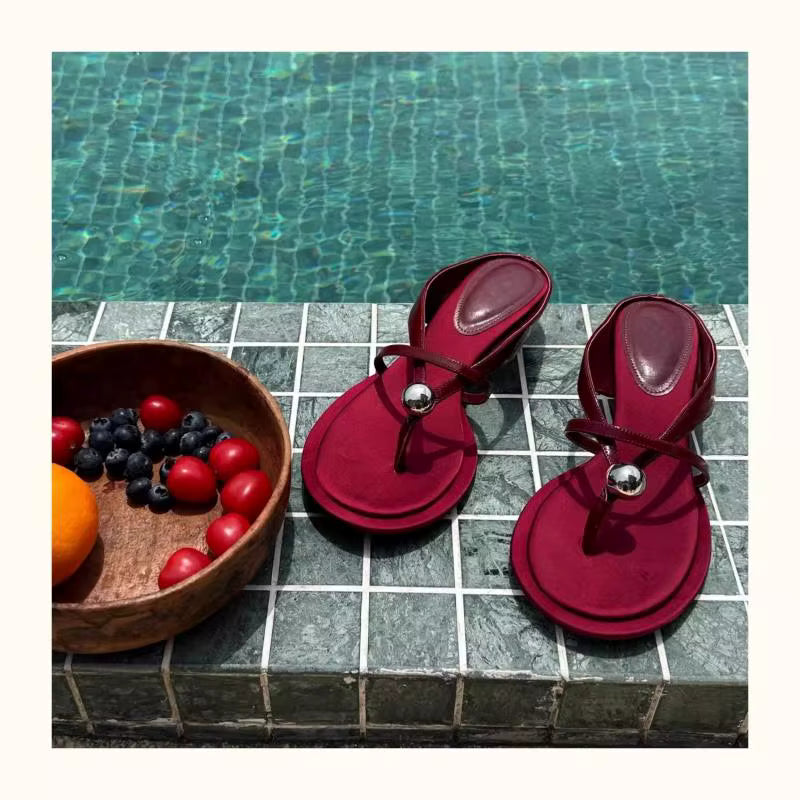 Metal Ball High Heel Flip-Flops Single Strap Mid-Heel Sandals Outerwear Women's Shoes Sandalias Mujer