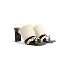 Women's Slippers with Metal Buckle, Square Toe Open Heel Shiny Leather Sandals, Women's Wooden Shaped Heel High Heel Summer Slippers