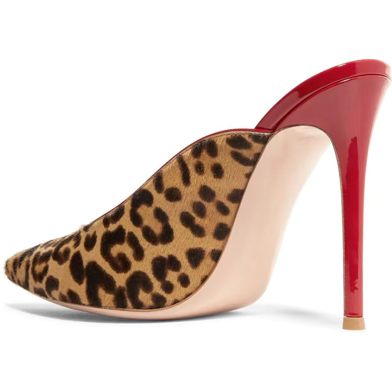 Leopard Print Faux Suede Stiletto Slippers Pointed Toe Color Blocking Plus Size Slippers Dressy Women's Shoes Sandalias Mujer