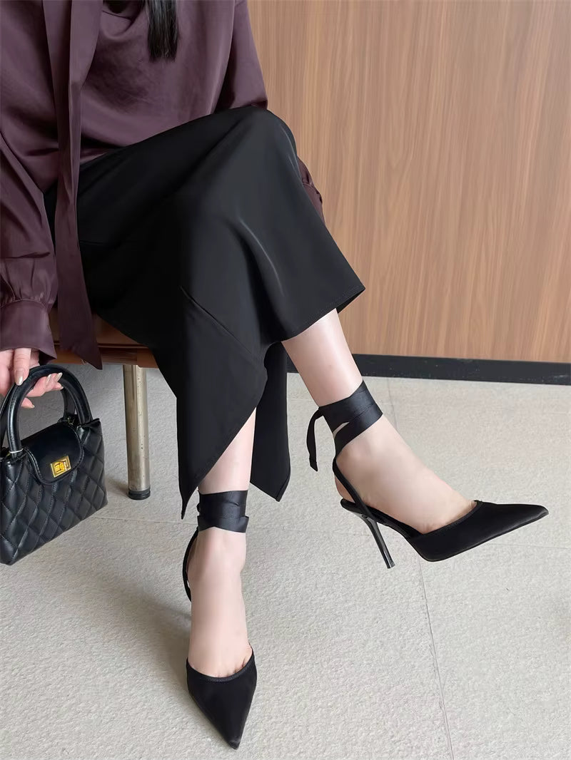 Women's High Heel Shoes Summer New Stiletto Heel Open Heel French Retro Single Shoe Ankle Strap Pointed Toe High Heel Women's Sandals 2026