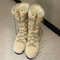 Beige Furry Lace-up Ankle Boots for Women,