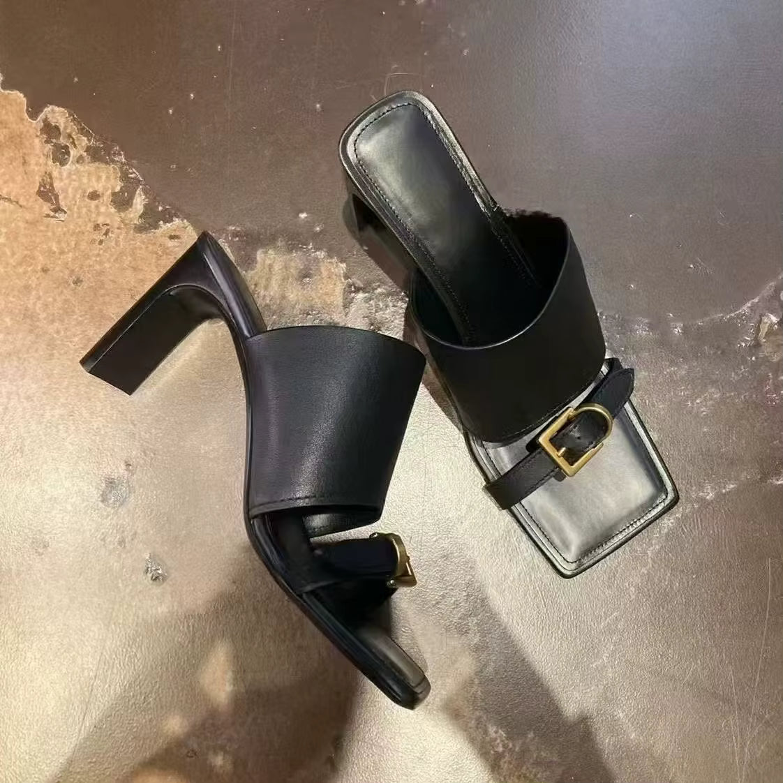 Women's Slippers with Metal Buckle, Square Toe Open Heel Shiny Leather Sandals, Women's Wooden Shaped Heel High Heel Summer Slippers