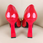 Gold Chain Pointed Toe High Heels, Chunky Heel Sandals, De Mujer Moda, Shiny Leather High Heel Women's Shoes