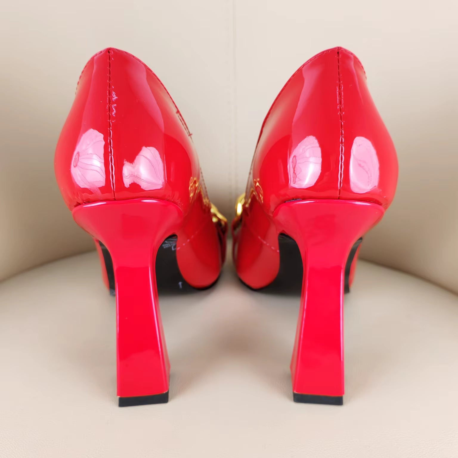 Gold Chain Pointed Toe High Heels, Chunky Heel Sandals, De Mujer Moda, Shiny Leather High Heel Women's Shoes
