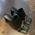 Women's Slippers with Metal Buckle, Square Toe Open Heel Shiny Leather Sandals, Women's Wooden Shaped Heel High Heel Summer Slippers