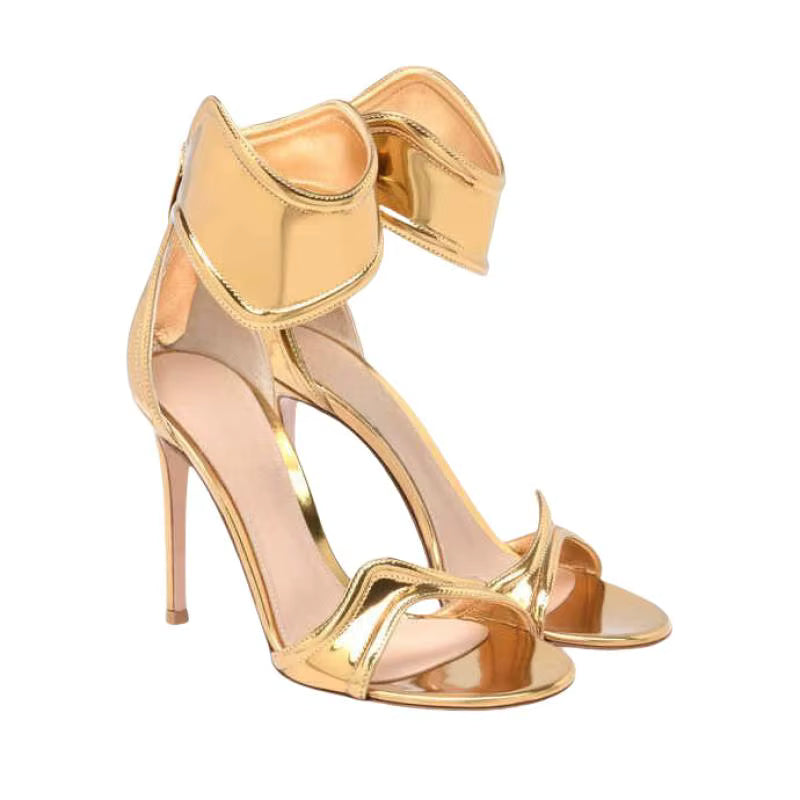 Metallic Wavy Zipper Open Toe Sandals Stiletto Sexy Party Strappy High Heel Patent Leather Women's Shoes Sandalias Mujer Verano