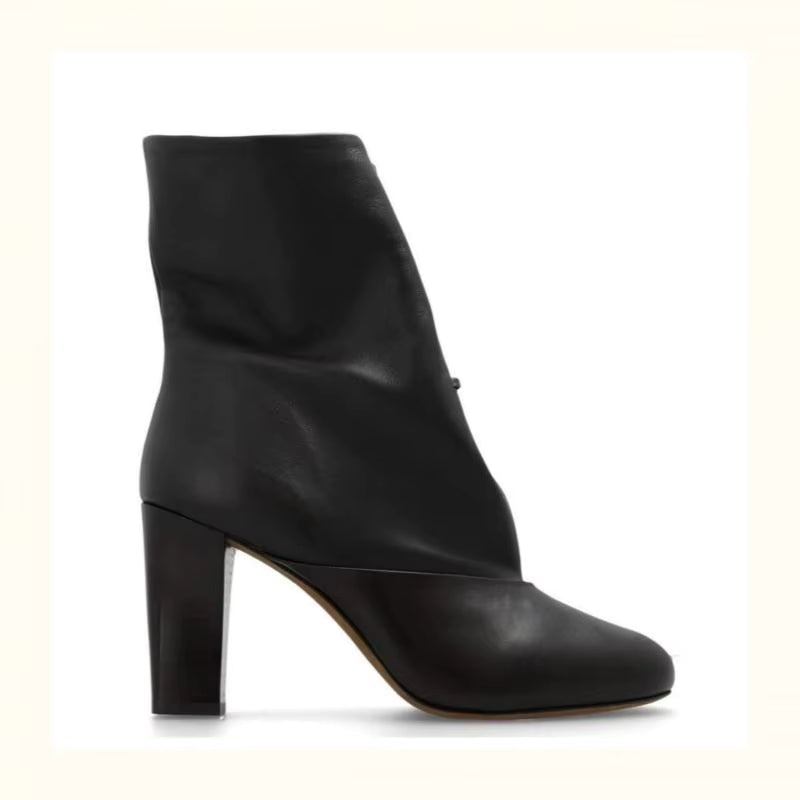 Women's Black Leather Ankle Boots, Lace-up Detail, Chunky Heel, Loose Fit, Stylish Casual, Autumn/Winter Fashion