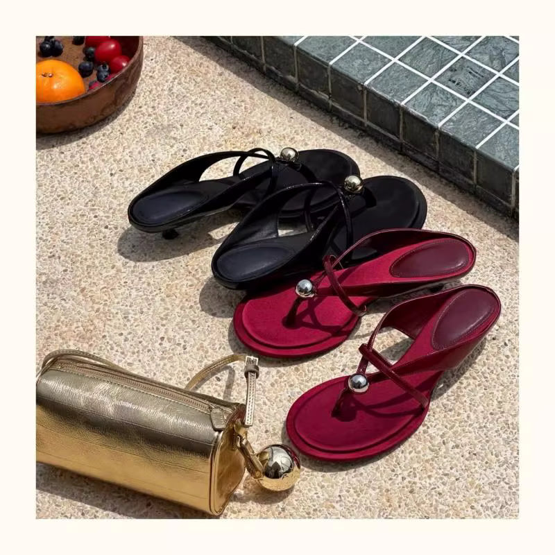 Metal Ball High Heel Flip-Flops Single Strap Mid-Heel Sandals Outerwear Women's Shoes Sandalias Mujer