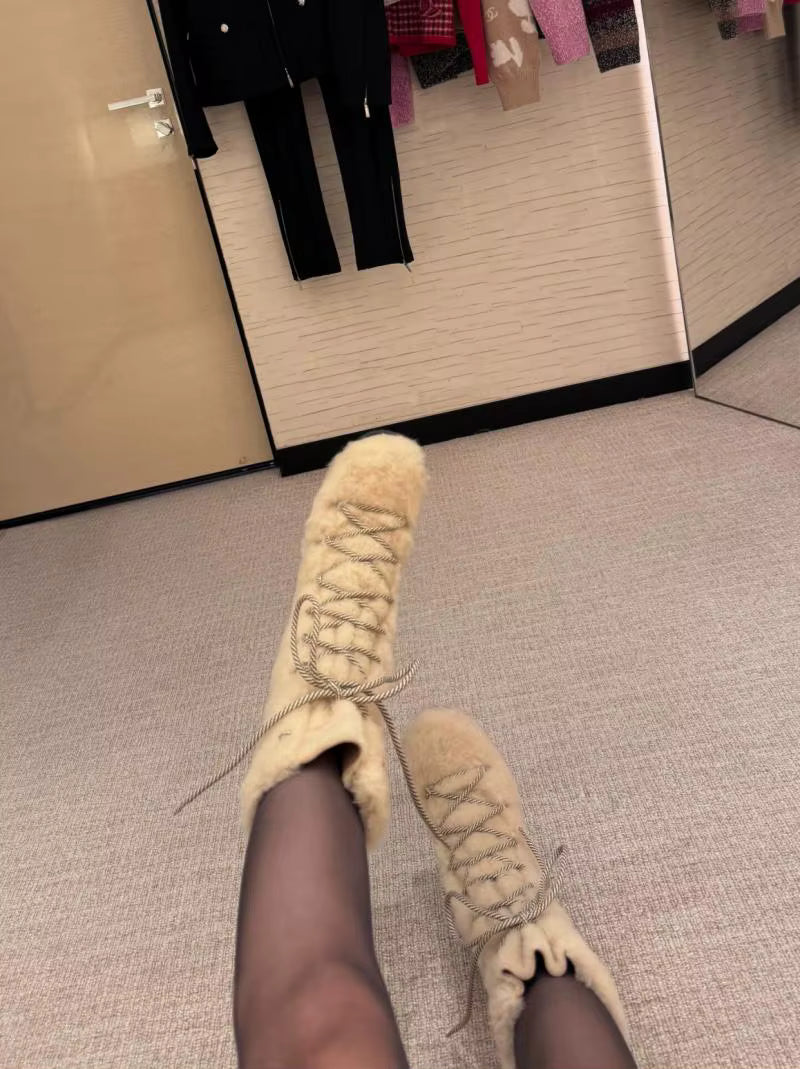 Beige Furry Lace-up Ankle Boots for Women,