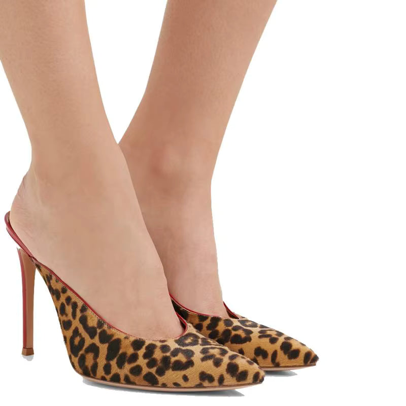 Leopard Print Faux Suede Stiletto Slippers Pointed Toe Color Blocking Plus Size Slippers Dressy Women's Shoes Sandalias Mujer