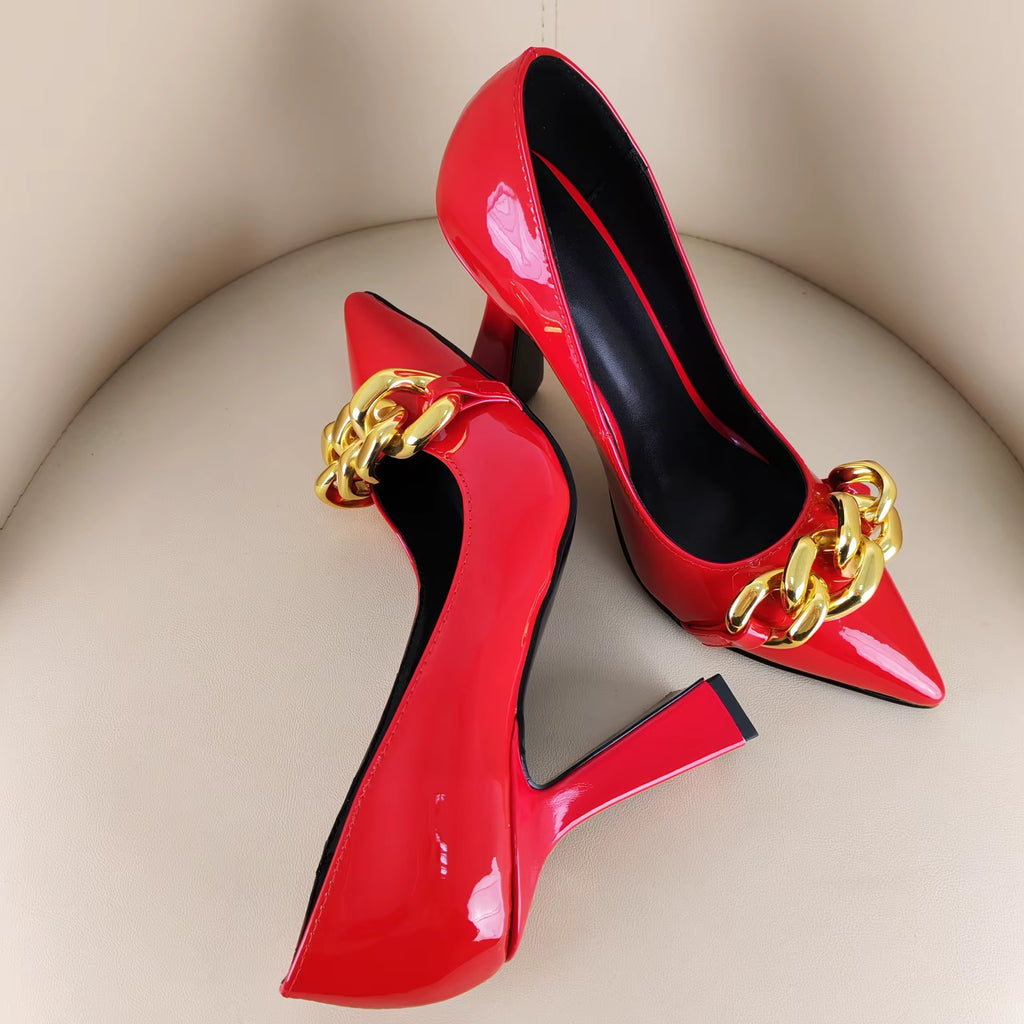 Gold Chain Pointed Toe High Heels, Chunky Heel Sandals, De Mujer Moda, Shiny Leather High Heel Women's Shoes