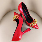 Gold Chain Pointed Toe High Heels, Chunky Heel Sandals, De Mujer Moda, Shiny Leather High Heel Women's Shoes
