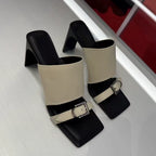 Women's Slippers with Metal Buckle, Square Toe Open Heel Shiny Leather Sandals, Women's Wooden Shaped Heel High Heel Summer Slippers