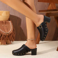 Women's slippers with studs, round-toe sandals with buckles and chunky heels, women's leather shoes, retro casual wear.