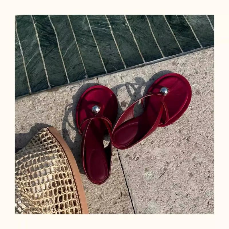Metal Ball High Heel Flip-Flops Single Strap Mid-Heel Sandals Outerwear Women's Shoes Sandalias Mujer