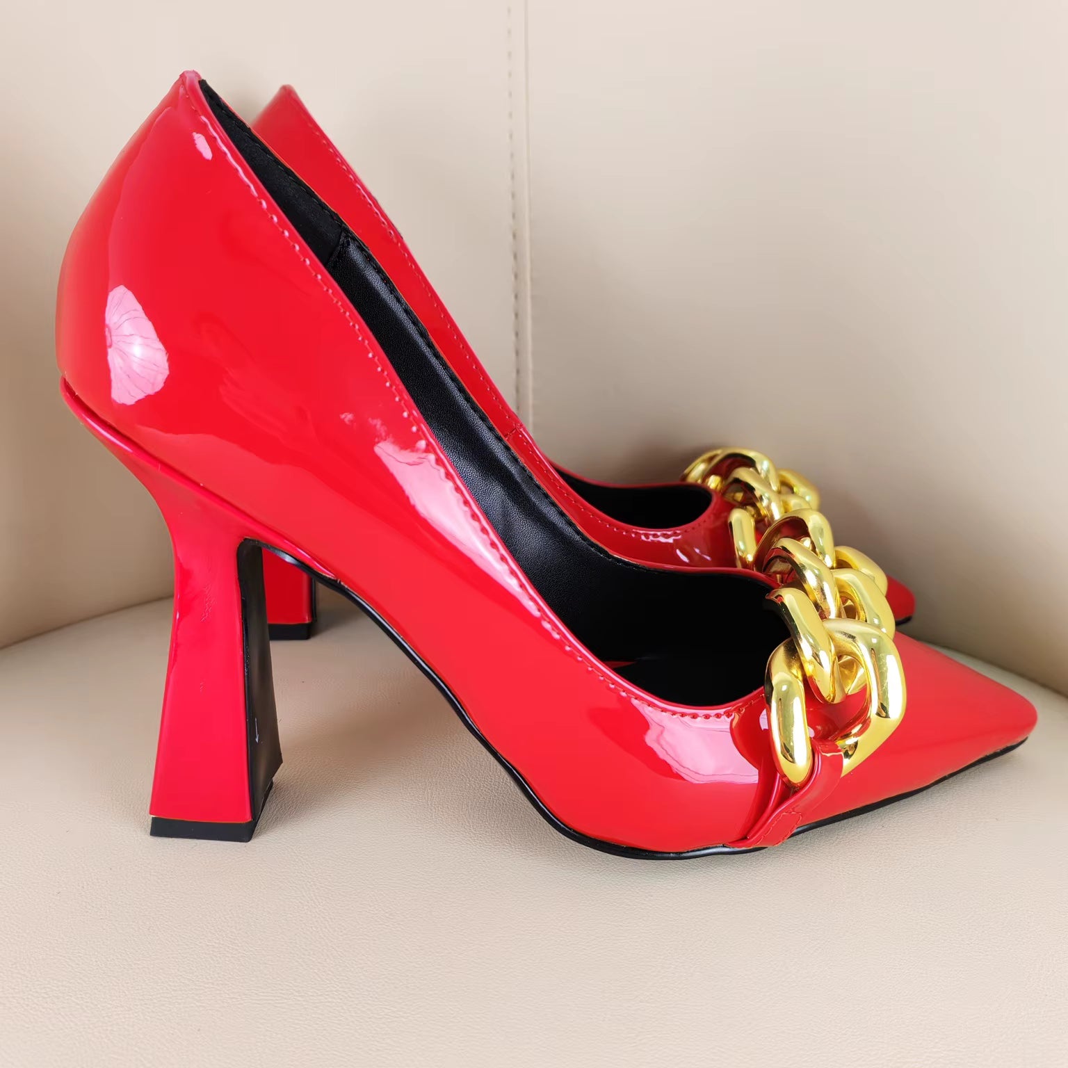 Gold Chain Pointed Toe High Heels, Chunky Heel Sandals, De Mujer Moda, Shiny Leather High Heel Women's Shoes