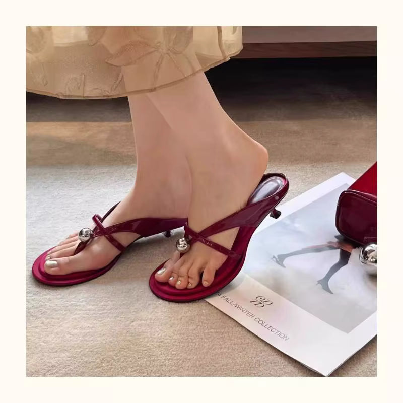 Metal Ball High Heel Flip-Flops Single Strap Mid-Heel Sandals Outerwear Women's Shoes Sandalias Mujer