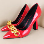 Gold Chain Pointed Toe High Heels, Chunky Heel Sandals, De Mujer Moda, Shiny Leather High Heel Women's Shoes
