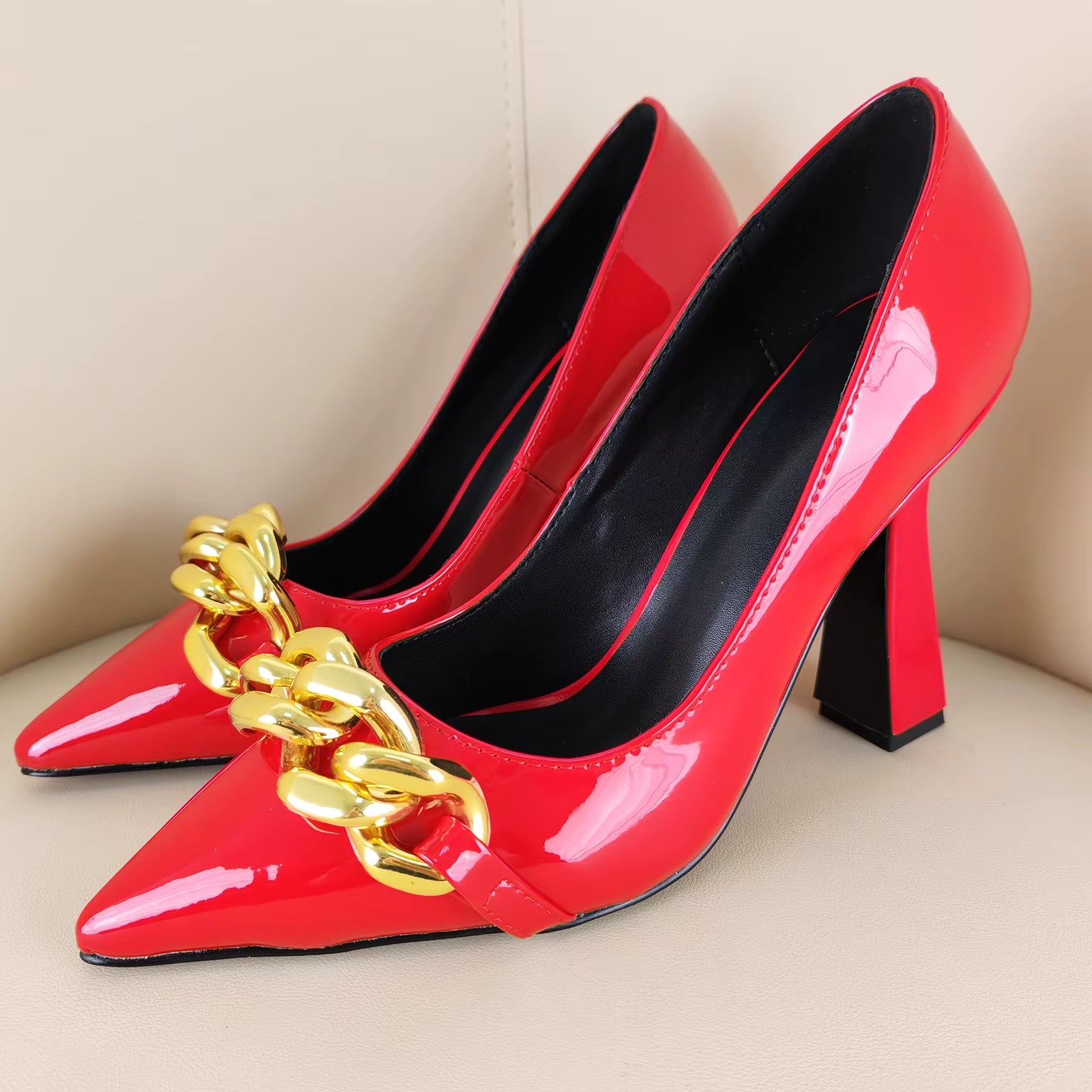 Gold Chain Pointed Toe High Heels, Chunky Heel Sandals, De Mujer Moda, Shiny Leather High Heel Women's Shoes