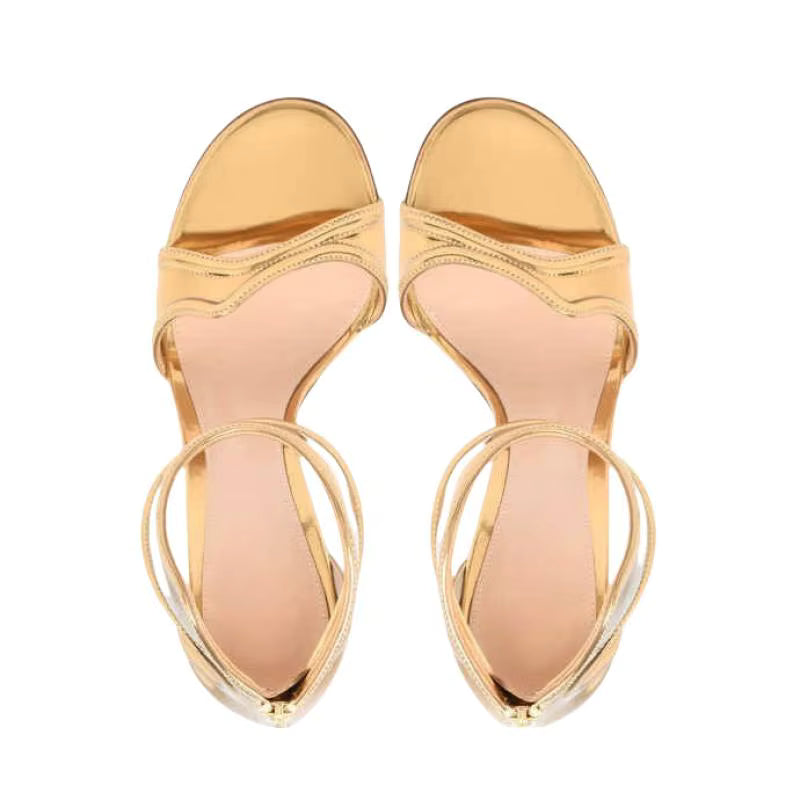 Metallic Wavy Zipper Open Toe Sandals Stiletto Sexy Party Strappy High Heel Patent Leather Women's Shoes Sandalias Mujer Verano