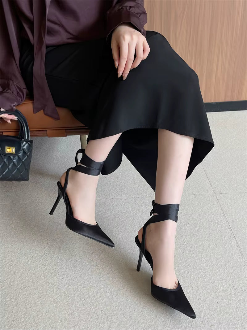 Women's High Heel Shoes Summer New Stiletto Heel Open Heel French Retro Single Shoe Ankle Strap Pointed Toe High Heel Women's Sandals 2026